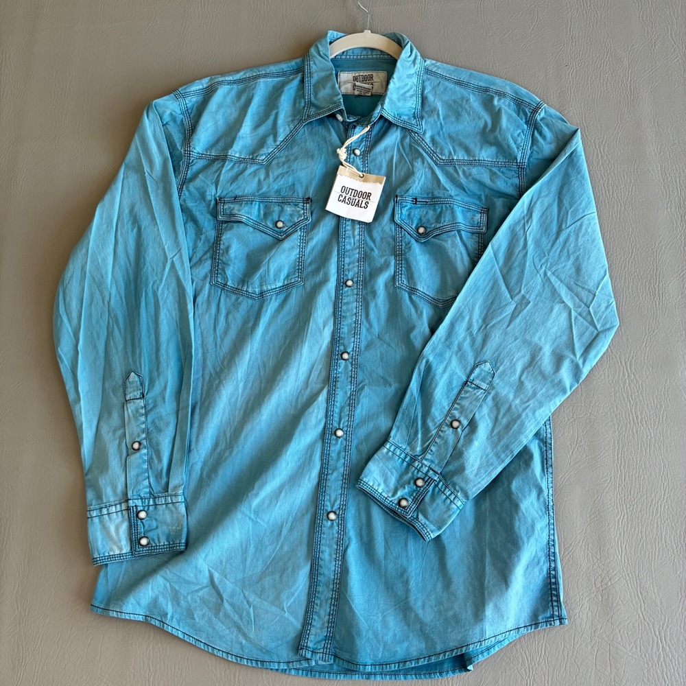 Outdoor Casuals Mens Western Pearl Snap Shirt Light Blue Factory Fade Large NWT